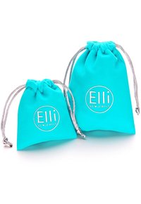 Deux pochettes turquoise à cordon avec des cordons argentés, chacune avec le logo "Elli We Love Jewels" en lettres blanches.