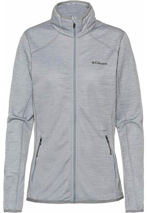 Veste polaire gris clair à fermeture éclair intégrale, col montant, deux poches latérales zippées, manches longues et petit logo noir Columbia sur la poitrine.