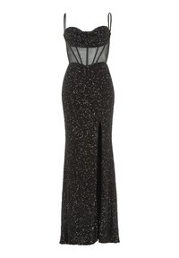 Robe noire ornée de sequins avec un décolleté en cœur, des panneaux transparents, des bretelles réglables et une fente haute pour un détail supplémentaire.
