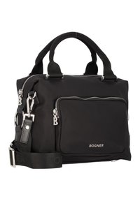 Borsa a tracolla in nylon nera con due manici superiori e una tracolla staccabile. Scomparto principale con zip e tasca frontale con dettagli in metallo argentato.