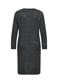 Tamnosiva pletena haljina dugih rukava s okruglim izrezom i sitnim srebrnim detaljima na rukavima i izrezu, prikazana s leđa.