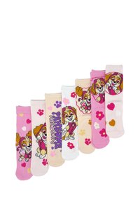 Set di sette paia di calzini per bambini con un cane dei cartoni animati, colori pastello misti e motivi floreali con design e dettagli che variano.