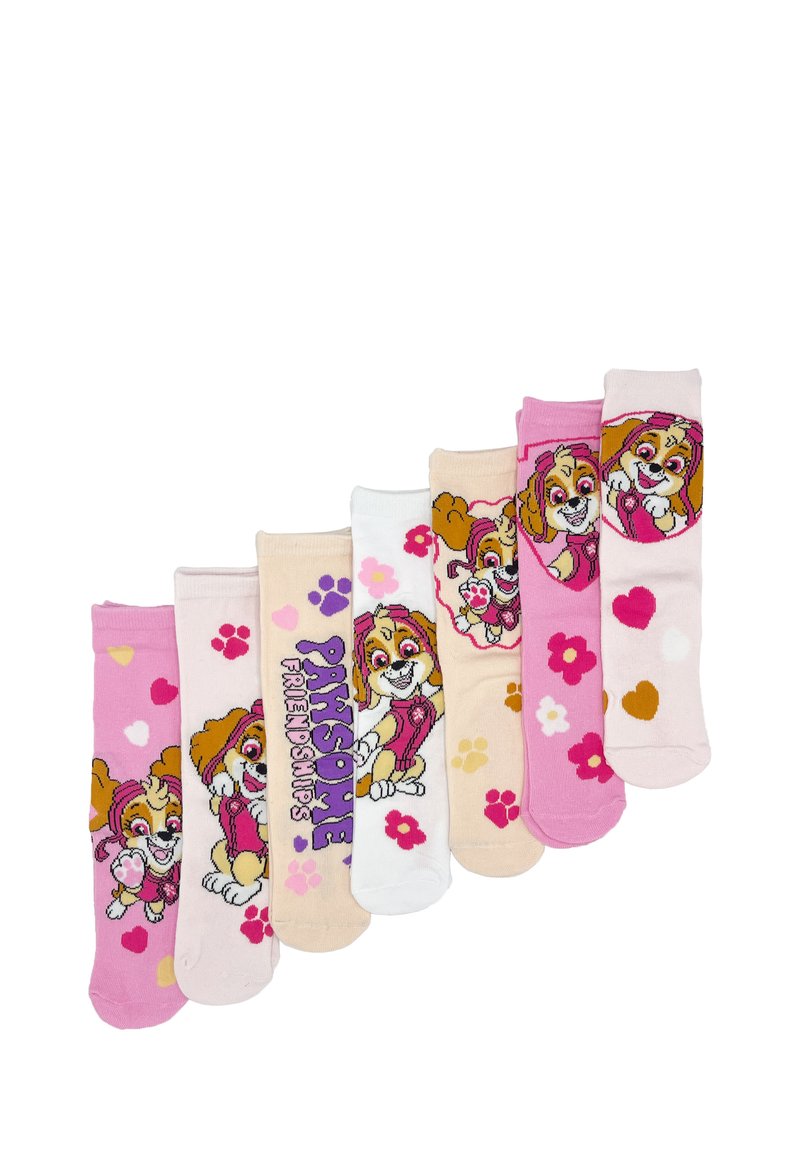 Set di sette paia di calzini per bambini con un cane dei cartoni animati, colori pastello misti e motivi floreali con design e dettagli che variano.