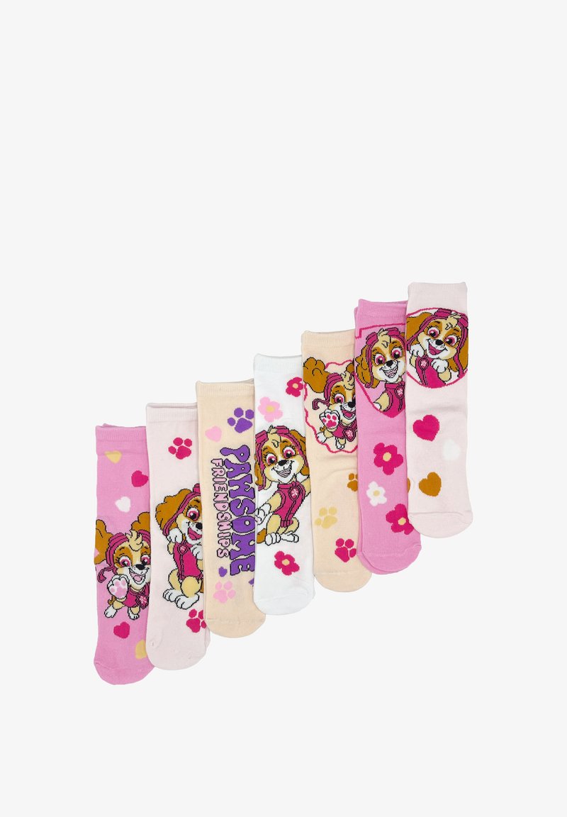 Siete pares de calcetines infantiles con un perro de dibujos animados, en colores pastel variados y patrones florales con diferentes diseños y acentos.