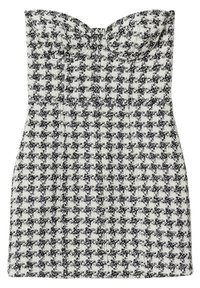 Robe mini sans bretelles avec un motif pied-de-poule noir et blanc et un décolleté structuré en forme de cœur.