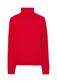 Maglione a collo alto a coste rosso con un motivo testurizzato, design aderente e maniche lunghe. Presenta un collo alto e polsini a maglia.