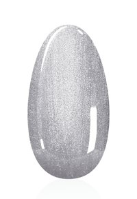 Silberner Glitzer-Nageltip mit einem glatten, glänzenden Finish. Ovaler Schnitt mit metallic Schimmer und subtiler Textur. Reflektierende Oberfläche.