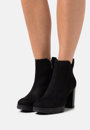 Bottines en daim noir avec des talons épais et des fermetures éclair latérales, portées sur des jambes nues devant un fond blanc uni.