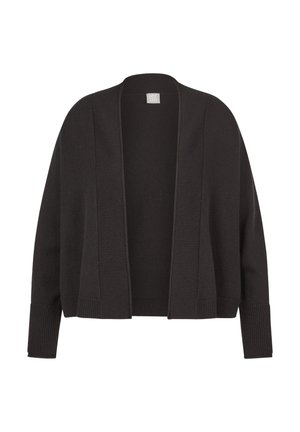 Schwarze offene Strickjacke mit langen Ärmeln, gerippten Bündchen, Saum und Kragen, auf weißem Hintergrund dargestellt.