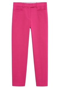 Pink straight-leg trousers with a smooth texture, featuring front pockets and a standard waistband. Simple design without patterns or accents.