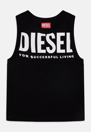 Czarny krótki top bez rękawów z dużym białym napisem "DIESEL" i mniejszym sloganem "FOR SUCCESSFUL LIVING" pod spodem z przodu.