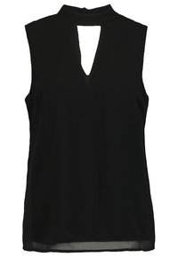 Top senza maniche nero con collo alto, aperturina a chiave sul davanti e tessuto liscio e leggero. Design a vestibilità regolare.