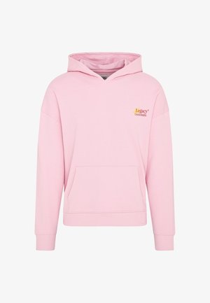 Różowa bluza z kapturem wykonana z miękkiego materiału, z przednią kieszenią, opuszczonymi ramionami oraz logo w kolorach żółtym i pomarańczowym na górnej lewej stronie.