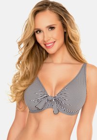 Schwarz-weißer gestreifter Bikini-Oberteil mit tiefem V-Ausschnitt und vorderem Knotendetail, breiten Schulterträgern und glatter Textur.