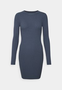 Ribbad mörkblå bodycon-klänning med långa ärmar, featuring en rund halsringning och en figurnära silhuett. Tillverkad av texturerat tyg.