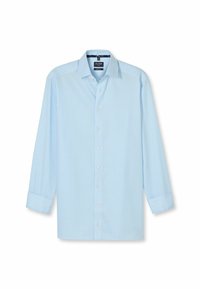 Hellblaues Langarmhemd mit weißen vertikalen Streifen, Button-Down-Kragen und weißen Knöpfen. Der Stoff wirkt glatt und leicht.