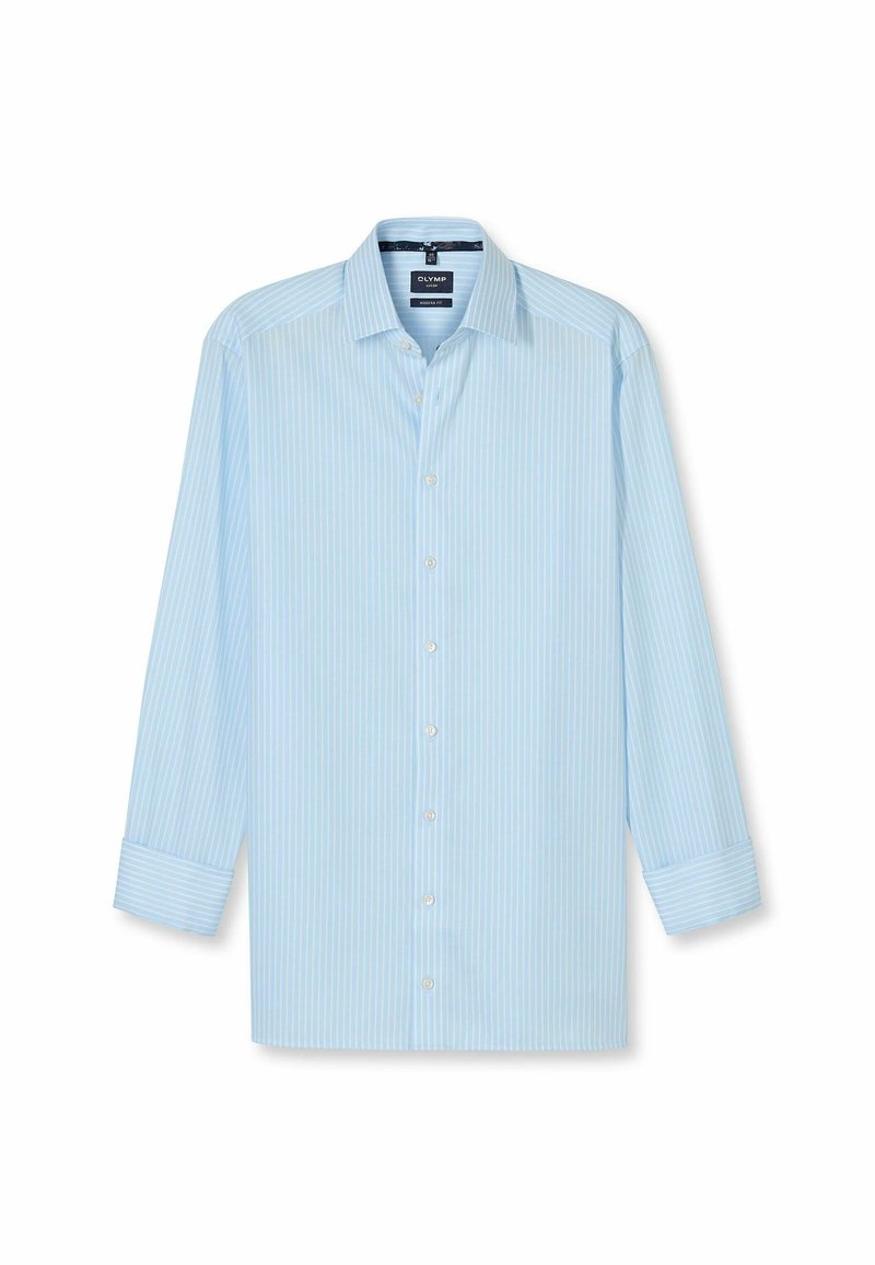 Hellblaues Langarmhemd mit weißen vertikalen Streifen, Button-Down-Kragen und weißen Knöpfen. Der Stoff wirkt glatt und leicht.