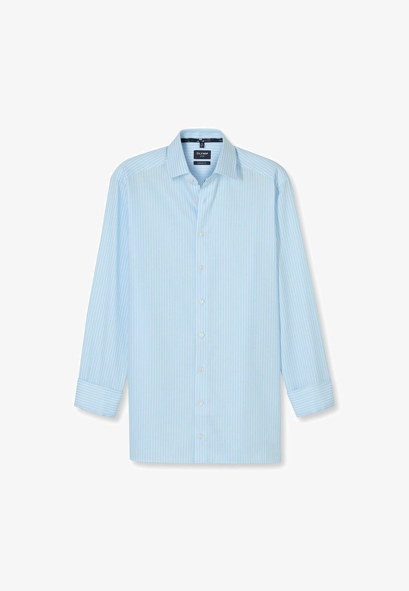 Hellblaues Langarmhemd mit weißen vertikalen Streifen, Button-Down-Kragen und weißen Knöpfen. Der Stoff wirkt glatt und leicht.