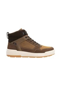 Bottines montantes marron avec un dessus en synthétique texturé, un col rembourré, une pointe arrondie et une semelle en caoutchouc. Système de laçage à œillets pour un ajustement sécurisé.