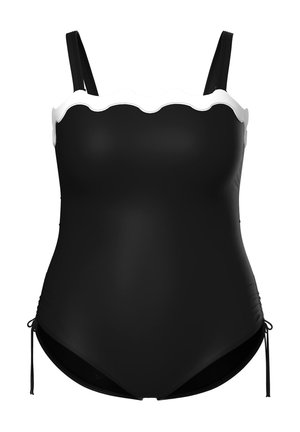 Schwarzer Einteiler mit verstellbaren Schultergurten, weißem gewelltem Besatz am Ausschnitt und seitlichen Kordelzug-Details.