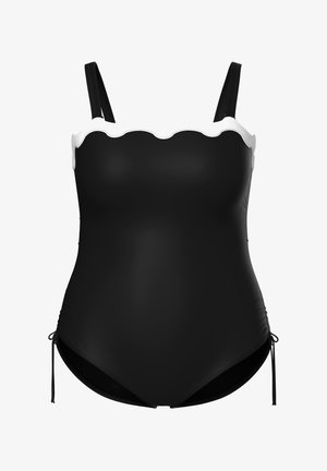 Costume intero nero con spalline regolabili, bordo smerlato bianco al collo e dettagli con coulisse ai lati.