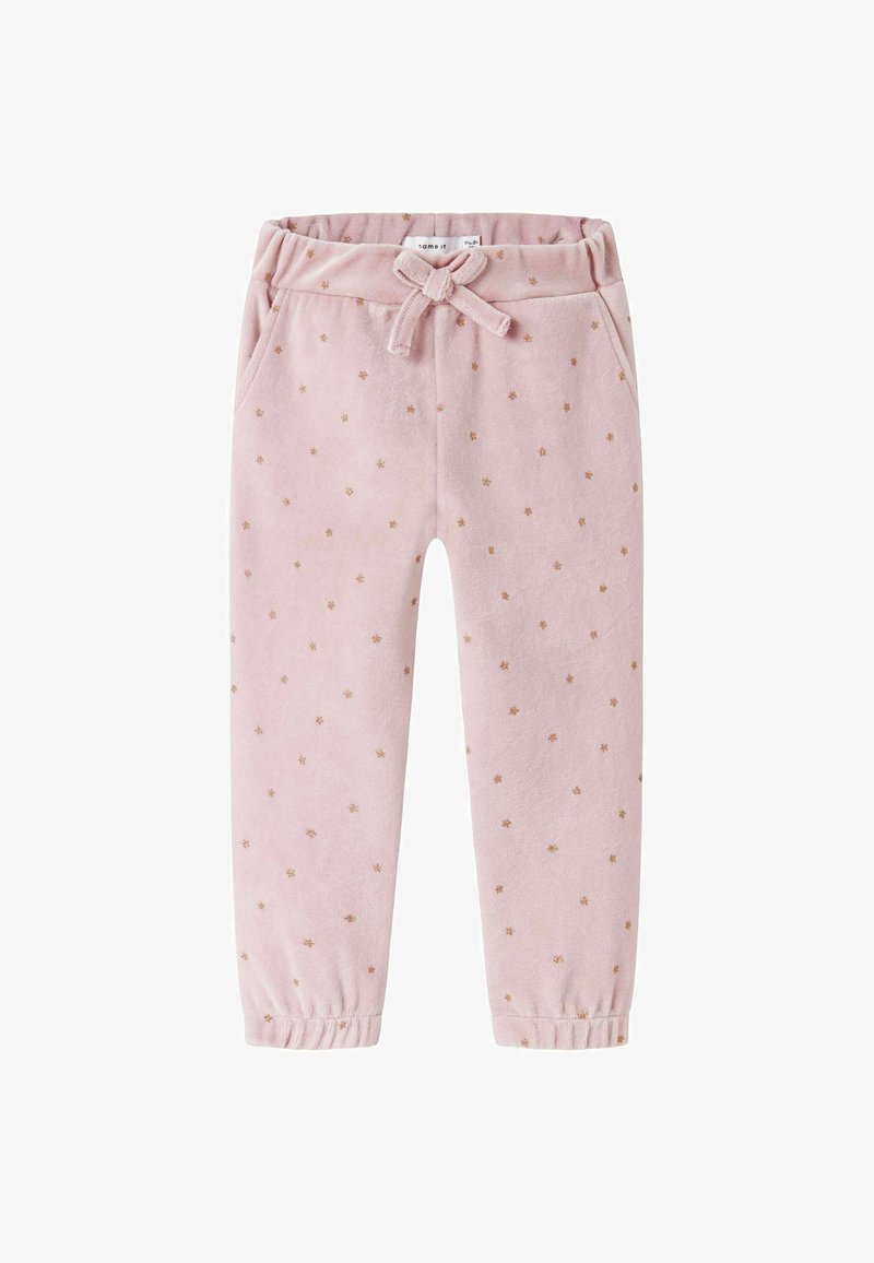 Rosa småbarnsbukser med elastisk liv, dekorativ sløyfe, elastiske mansjetter og små gullstjernemønstre over hele stoffet.