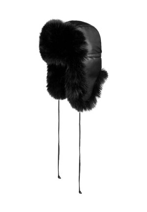 Black leather trapper hat with thick black fur lining and long string ties hanging down.