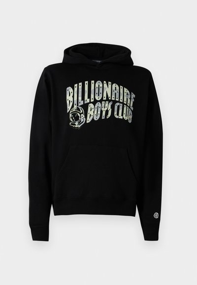Black hooded sweatshirt featuring "Billionaire Boys Club" graphic in white with astronaut detail, kangaroo pocket, and ribbed cuffs.
