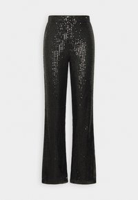 Pantalon évasé orné de sequins noirs avec une texture lisse et une taille élastique, présentant des lignes verticales de sequins pour plus de détails.