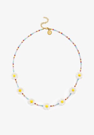 Ketting met meerkleurige kleine kralen en zeven gelijkmatig verdeelde witte margrietvormige kralen met gele centra, gouden sluiting en verlengketting.