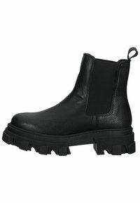 Stivali Chelsea neri con parte superiore testurizzata, pannelli laterali elasticizzati e una suola in gomma spessa con treads pronunciati per una buona aderenza.