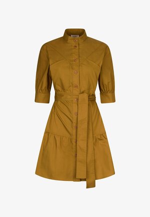 Mosterdkleurige katoenen jurk met een kraag, knoopsluiting aan de voorkant, elastische mouwen, een ceintuur in de taille en een ruches onderrand.