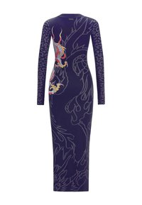 Langärmliges, figurbetontes Kleid in Dunkelblau mit Drachen- und Flammenmotiven in Rot und Gelb, das Leoprint-Details an den Ärmeln aufweist.