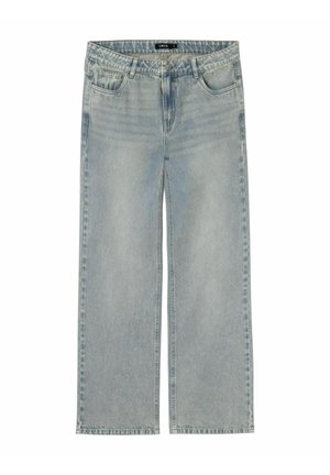 Hellblaue Jeans mit weitem Bein, vorderen Taschen, Gürtelschlaufen, Knopfverschluss und einem ausgewaschenen Waschdetail.