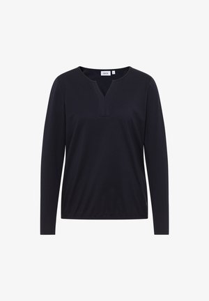 Maglietta nera a maniche lunghe realizzata in tessuto morbido, con scollatura a V e un accento cucito, dal design rilassato.