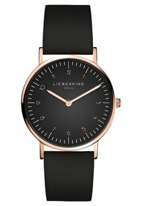 Zwarte horloge met een matte silicone band. Ronde kast in roségoud, zwarte wijzerplaat, minimalistische witte uurmarkeringen en twee roségouden wijzers.