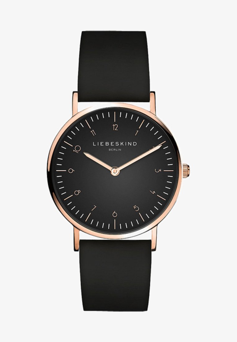 Zwarte horloge met een matte silicone band. Ronde kast in roségoud, zwarte wijzerplaat, minimalistische witte uurmarkeringen en twee roségouden wijzers.