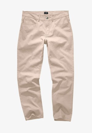Chinos beiges en coton, présentant un design standard à cinq poches, une fermeture éclair et des détails de couture subtils le long des coutures.