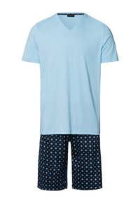 Light blue cotton V-neck t-shirt with short sleeves paired with navy shorts featuring a floral and geometric pattern in light blue and white.