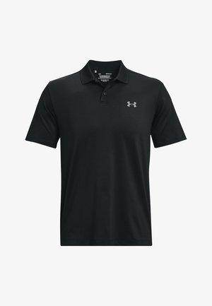 Črna polo majica iz gladkega blaga, z ovratnikom, kratkimi rokavi in srebrnim logotipom Under Armour na levem prsnem delu.