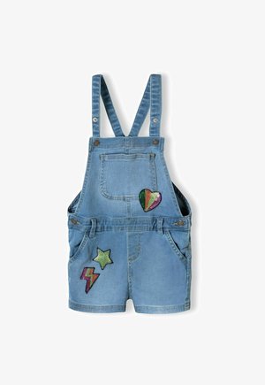 Állítható pántos farmerbunda, elől színes flitteres foltokkal, amelyeken szív, csillag és villám látható.