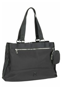 Sac fourre-tout en nylon noir avec deux anses, une poche avant zippée et une petite pochette amovible. Texture lisse, design élégant et accent de logo.