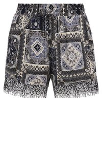 Shorts courts à motifs avec bordure en dentelle à l'ourlet et taille élastique avec cordon de serrage en tons noir, beige et bleu.