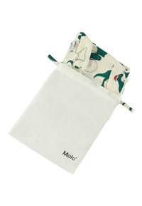 Platnena torba sa strelicom u bijeloj boji koja nosi brand "Molo." Unutra su šareni uzorci dinosaura na krem pozadini.