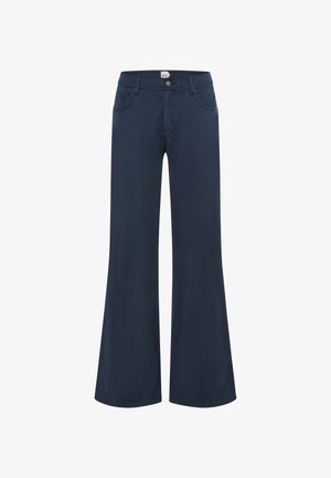 Jeans svasati blu navy in un materiale morbido, con tasche frontali, chiusura con bottone e dettagli cuciti su tasche e cuciture.