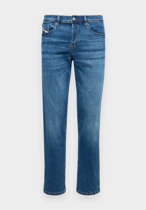 Blue denim jeans with a straight cut, five pockets, and a button closure. Features subtle contrast stitching and a smooth texture.