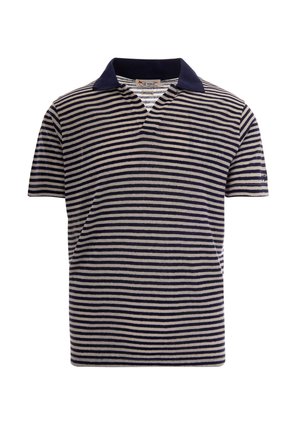 Polo a maniche corte a righe orizzontali blu navy e bianco con colletto navy e apertura a V.