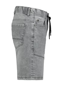 Light grey denim shorts with an elastic waistband, adjustable drawstring, and multiple pockets. Features visible stitching and a relaxed fit.
