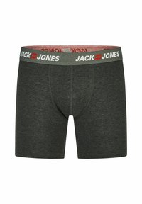 Dark gray boxer shorts made from soft material, featuring a wide green waistband with white "JACK & JONES" logo.