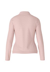 Helles rosa Sweatshirt mit langen Ärmeln, strukturiertem Material, einem Stehkragen und einer figurbetonten Silhouette. Keine sichtbaren Muster oder Hardware-Details.